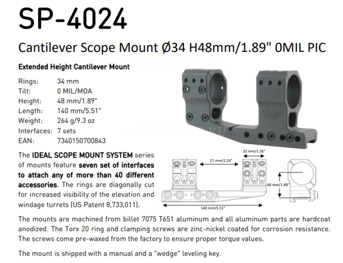 Кронштейн SPUHR кольца 34мм на Picatinny H48мм с выносом (SP-4024)