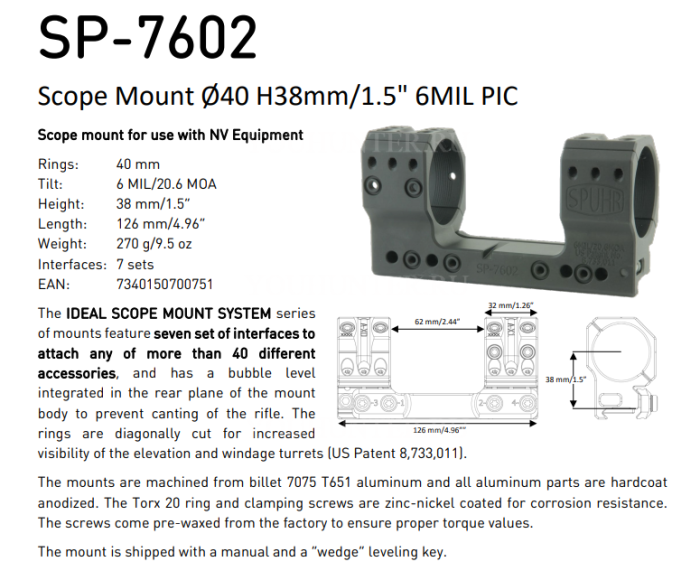 Кронштейн SPUHR кольца 40мм на Picatinny H38мм наклон 6MIL/20.6MOA (SP-7602)