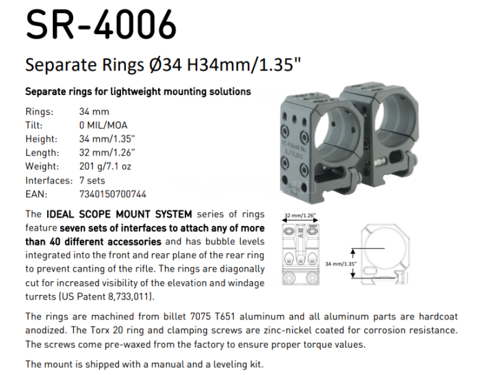 Кольца SPUHR 34mm на Picatinny H34мм (SR-4006)