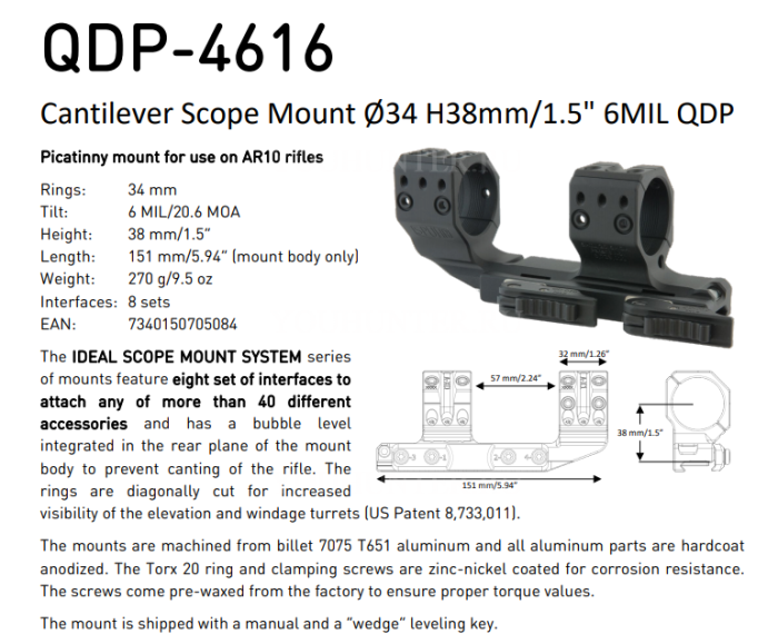 Быстросъемный кронштейн SPUHR кольца 34мм на Picatinny H38мм наклон 6MIL/20.6MOA с выносом (QDP-4616)