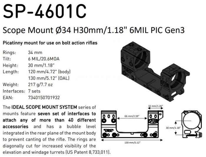 Кронштейн SPUHR кольца 34мм на Weaver наклон 6 MIL/20,6 MOA BH13мм PIC GEN3 (SP-4601C)