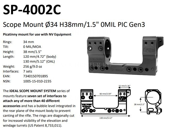 Кронштейн SPUHR кольца 34мм на Weaver BH21мм PIC GEN3 (SP-4002C)