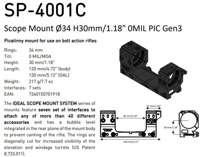 Кронштейн SPUHR кольца 34мм на Weaver BH13мм PIC GEN3 (SP-4001C)