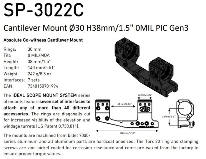 Кронштейн SPUHR кольца 30мм на Weaver BH23мм с выносом PIC GEN3 (SP-3022C)