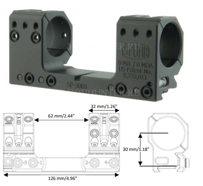 Кронштейн SPUHR кольца 30мм для установки на Picatinny H30мм без наклона (SP-3001)