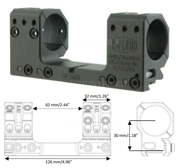Кронштейн SPUHR кольца 30мм на Picatinny H30мм наклон 6MIL/ 20.6MOA (SP-3601)