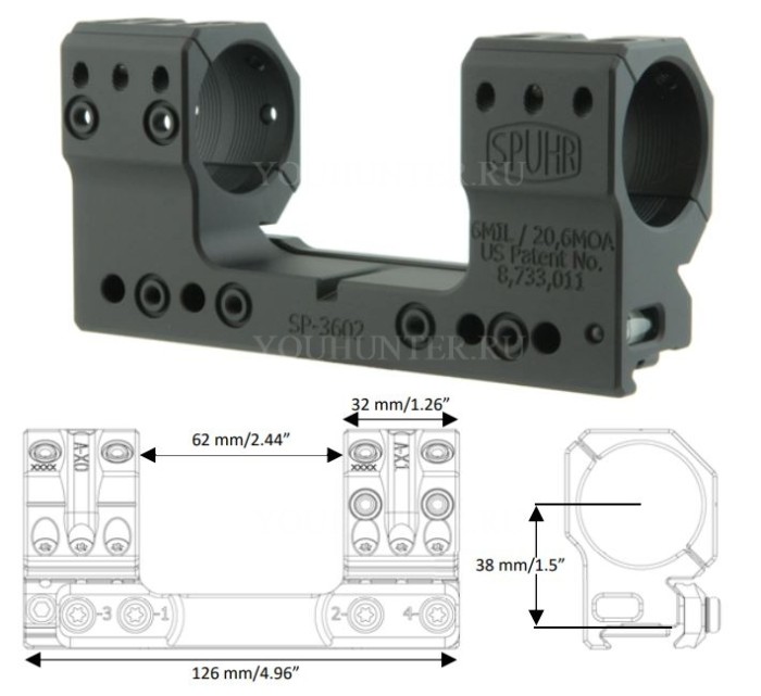 Кронштейн SPUHR кольца 30мм на Picatinny H38мм наклон 6MIL/ 20.6MOA (SP-3602)