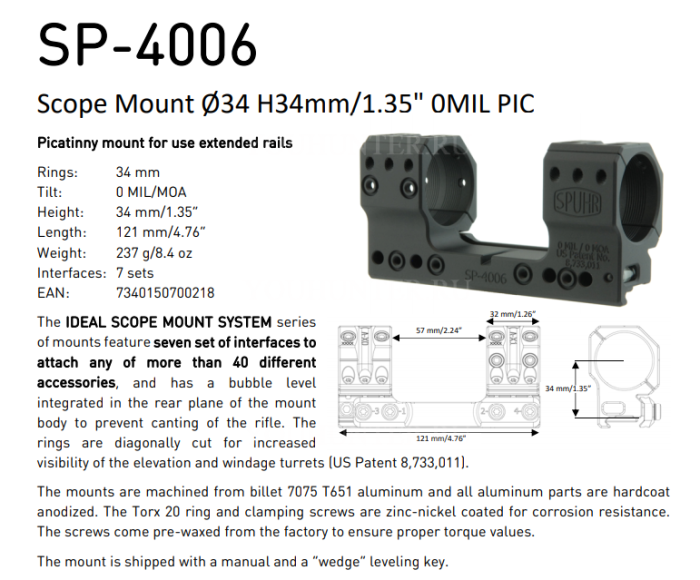 Кронштейн SPUHR кольца 34мм на Picatinny H34мм без наклона (SP-4006)