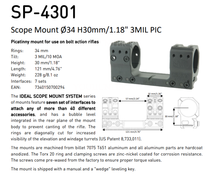 Кронштейн SPUHR кольца 34мм на Picatinny H30мм наклон 3MIL/10.3MOA (SP-4301)