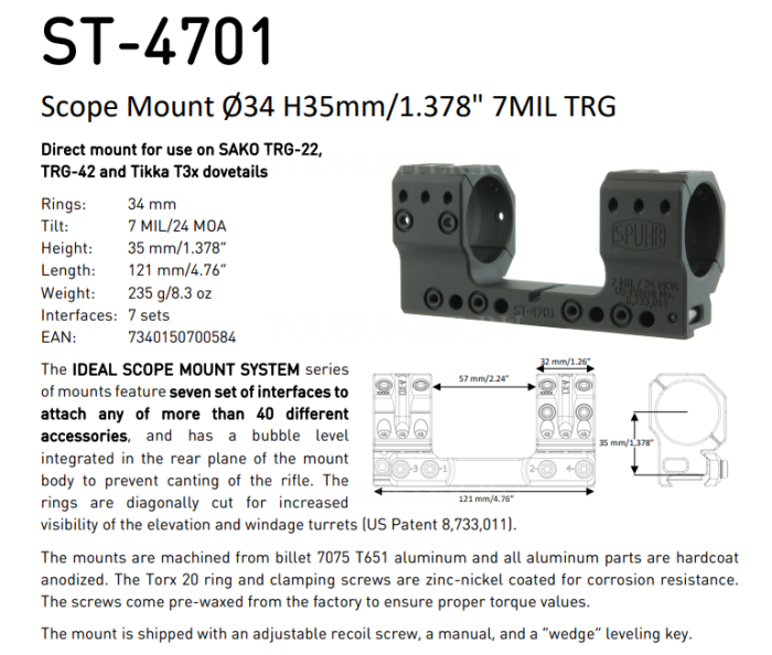 Кронштейн SPUHR кольца 34мм на Picatinny H35мм наклон 7MIL/24MOA (ST-4701)