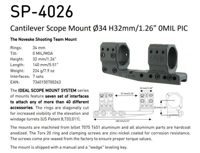 Кронштейн SPUHR кольца 34мм на Picatinny H34мм без наклона с выносом (SP-4026)