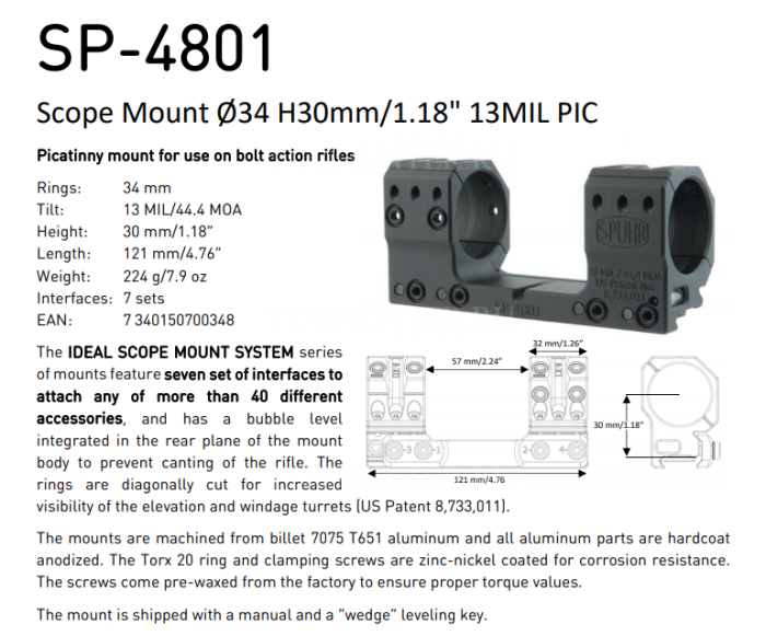 Кронштейн SPUHR кольца 34мм на Picatinny H30мм наклон 13MIL/44.4MOA (SP-4801)