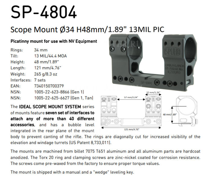 Кронштейн SPUHR кольца 34мм на Picatinny H48мм наклон 13MIL/44.4MOA (SP-4804)