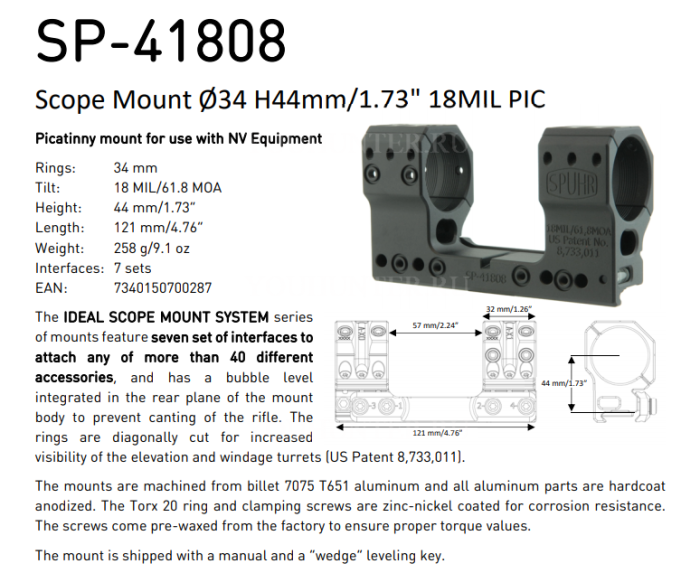 Кронштейн SPUHR кольца 34мм на Picatinny H44мм наклон 18MIL/61.8MOA (SP-41808)