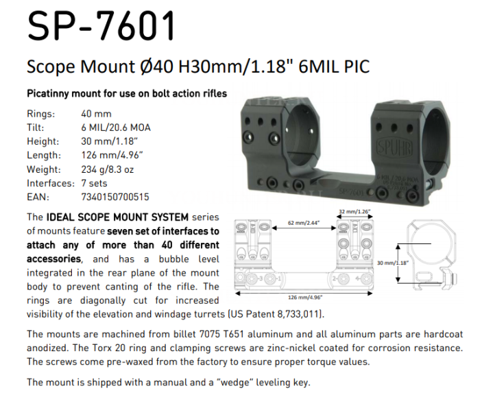Кронштейн SPUHR кольца 40мм на Picatinny H30мм наклон 6MIL/20.6MOA (SP-7601)