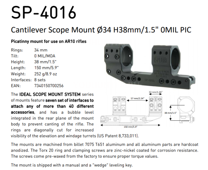 Кронштейн SPUHR кольца 34мм на Picatinny H38мм с выносом (SP-4016)